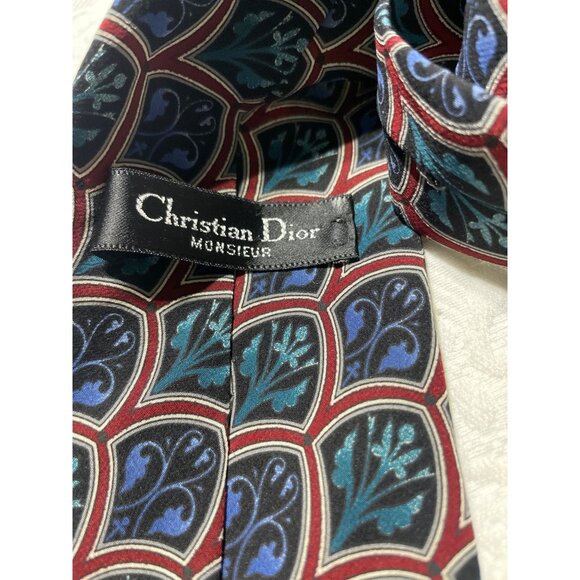 Christian Dior Monsieur Men's Neck Tie 100% Silk Navy Blue Red Geometric - Picture 3 of 3